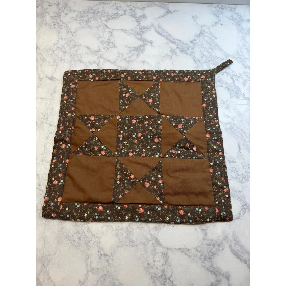 Vintage Quilted Pot Holders Set of 2 Brown Floral Patchwork Star Farmhouse 11.5